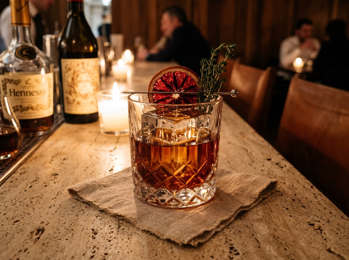 Bonean Bar handcrafted cocktail with 72-hour directional clear ice block