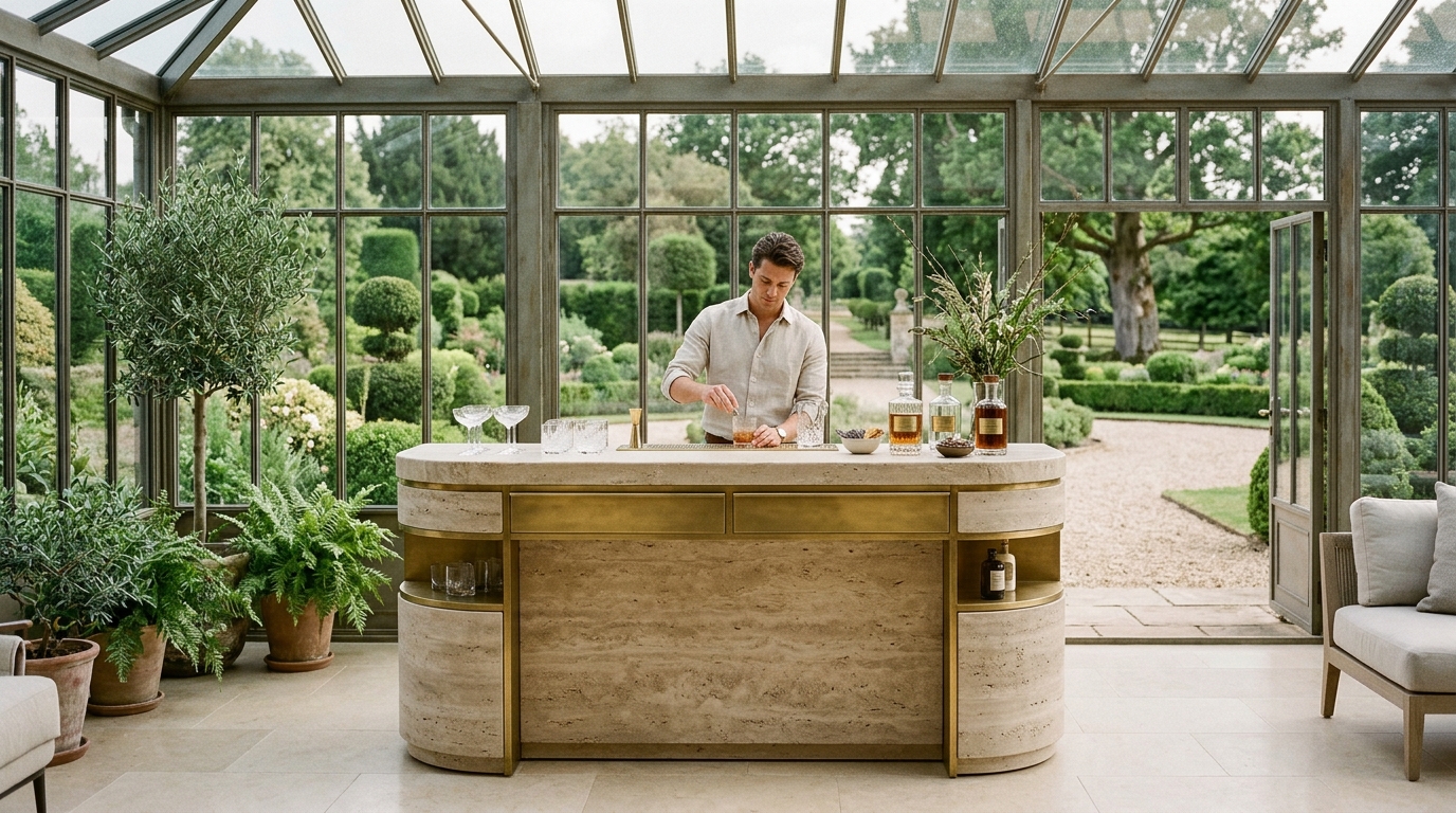 Bonean Bar Monolithic Travertine Mobile Bar inside Toronto glass conservatory